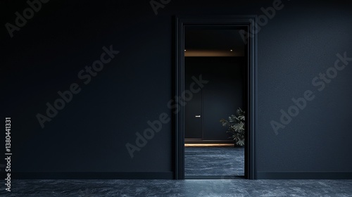 Minimalist interior with dark door and plant.