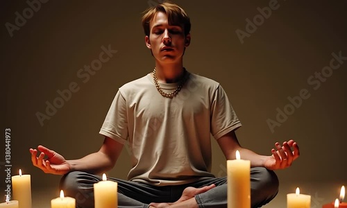 Young Man Meditating with Candles: A Serene Moment of Inner Peace and Reflection
