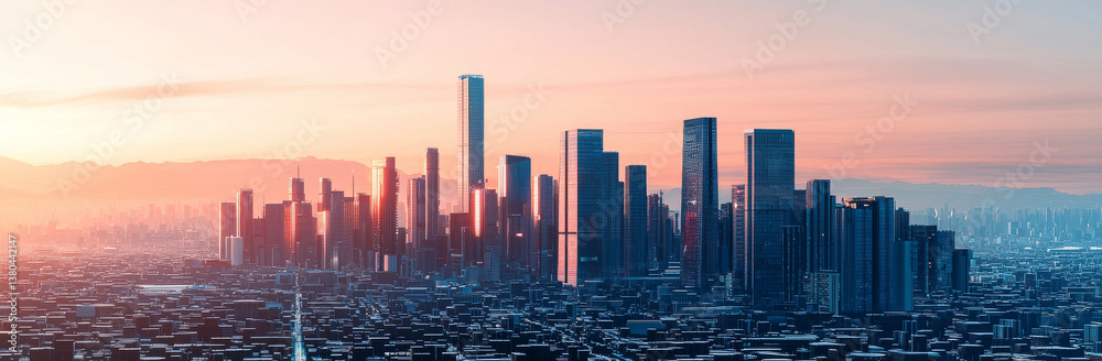 Fototapeta premium stunning city skyline at sunset, showcasing modern skyscrapers and urban architecture