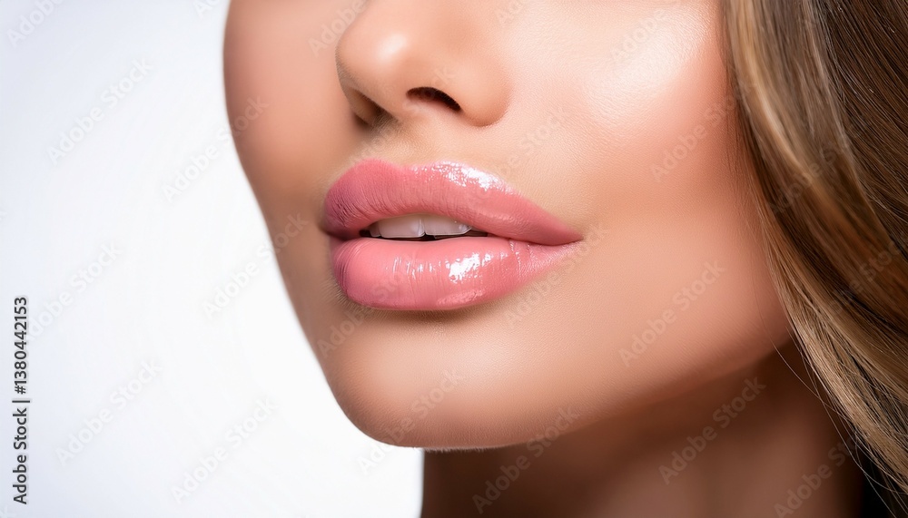close up of soft pink lips with glossy finish highlighting natural beauty and smooth application of lip gloss on a serene white background close up of soft pink lips with glossy finish highlighting natural beauty and smooth application of lip gloss on a serene white background