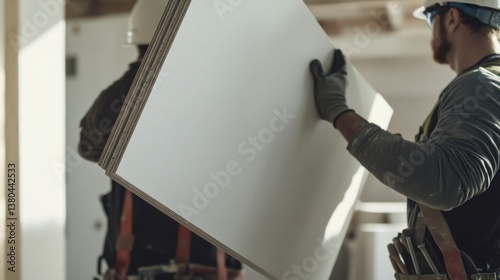 A construction worker carrying drywall sheets to a work area. Featuring strength and teamwork