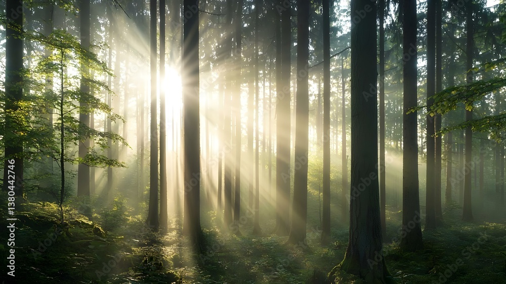 Fototapeta premium A sunbeam filters through a dense forest, creating rays of light amidst tall trees and a misty atmosphere. Concept Forest Serenity, Sunbeam Magic, Nature's Light, Misty Atmosphere