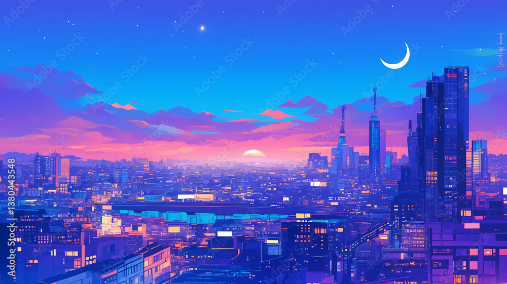 Obraz premium 未来都市の夜景と美しい星空が広がるイラスト素材｜高層ビルと三日月が幻想的に輝くSF風シティスケープ｜ネオンと都市のシルエットが融合したデジタルアート背景