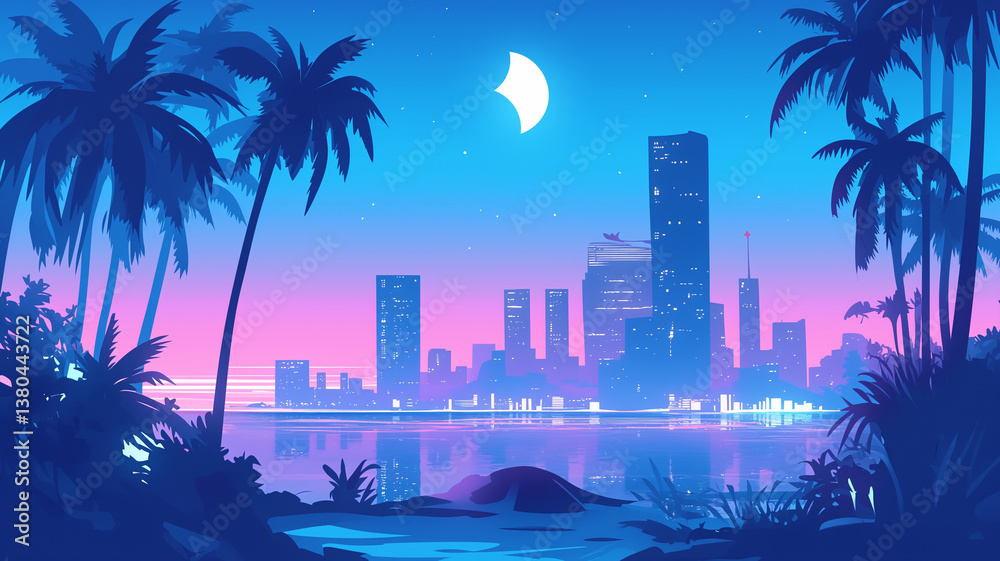 Obraz premium 未来都市の夜景と美しい星空が広がるイラスト素材|高層ビルと三日月が幻想的に輝くSF風シティスケープ|ネオンと都市のシルエットが融合したデジタルアート背景