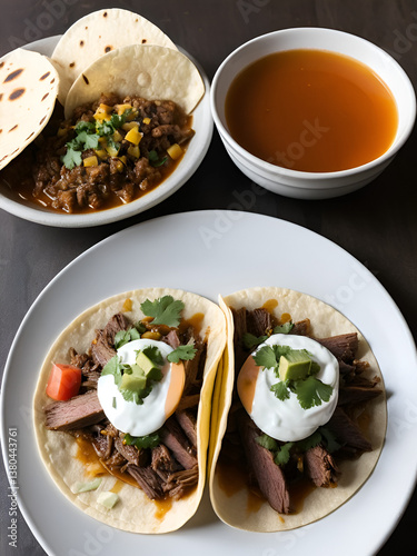 Soft tacos with juicy birria beef and a bowl of consomme