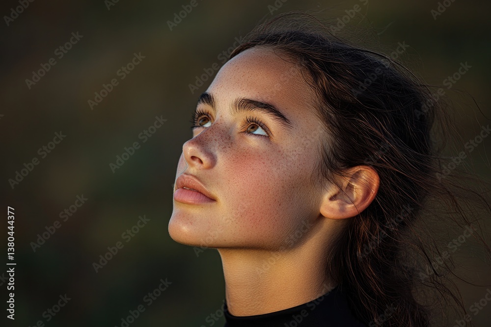 Soft light illuminates thoughtful expression, capturing serene m Soft light illuminates thoughtful expression, capturing serene m
