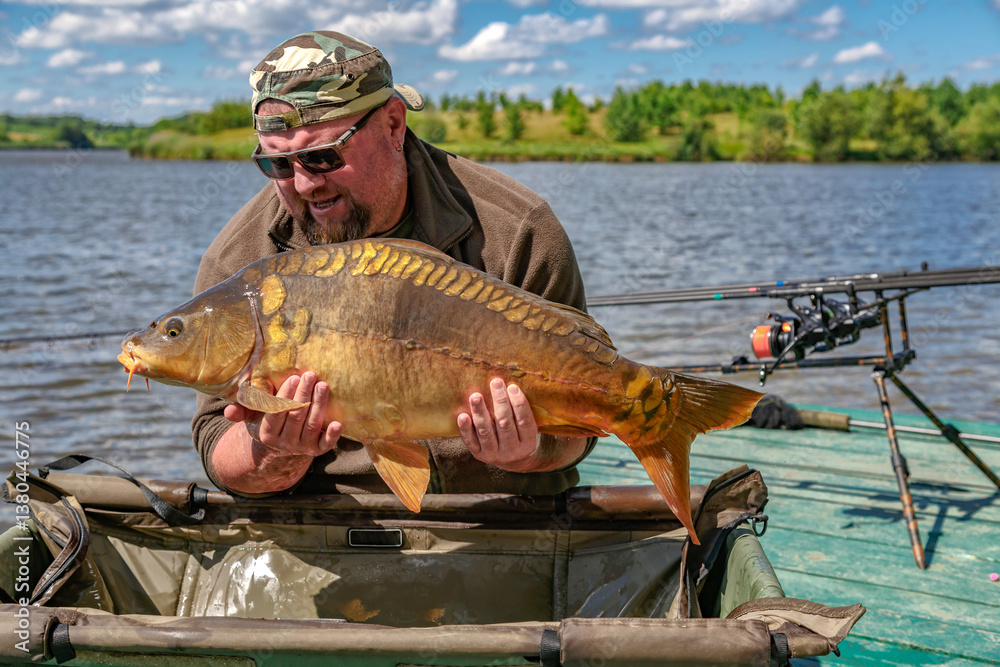 Carpfishing session at the Lake.lucky fisherman holding a giant common carp.Angler with a big carp fishing trophy.Fishing adventures.Fish trophy Carpfishing session at the Lake.lucky fisherman holding a giant common carp.Angler with a big carp fishing trophy.Fishing adventures.Fish trophy