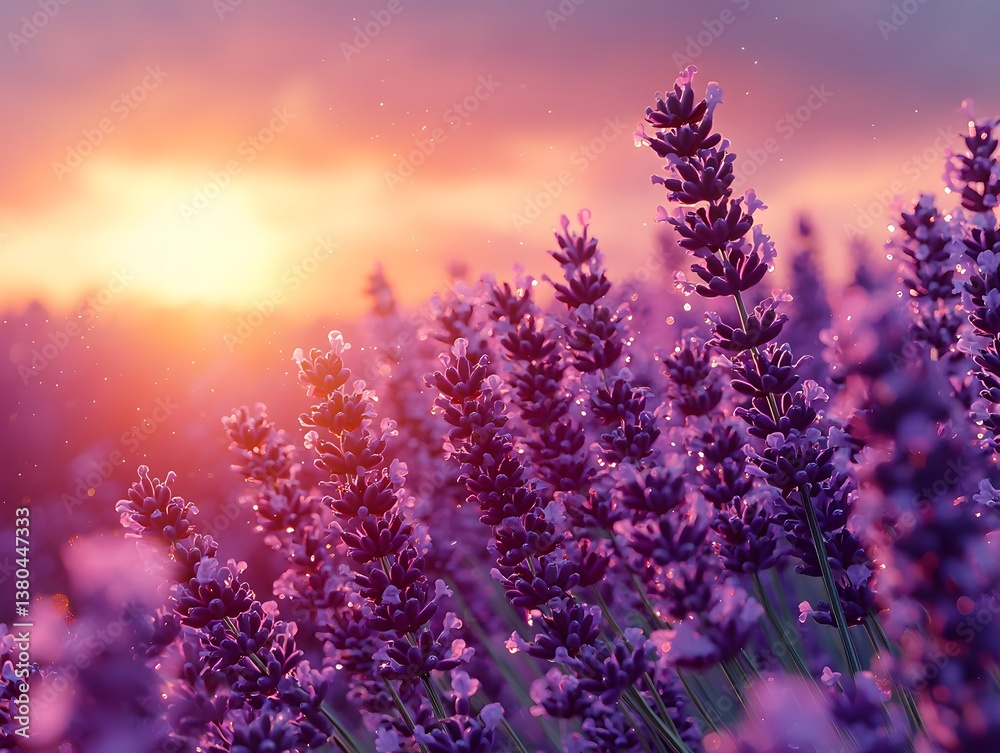 Naklejka premium Misty lavender field at dawn with glistening dew and soft pastel hues