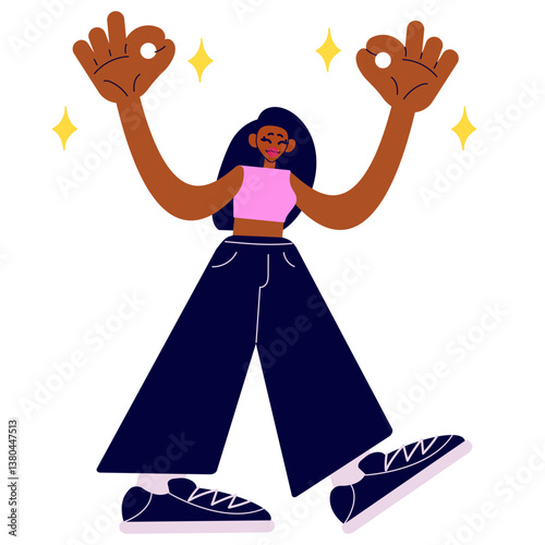Happy girl make okay sign. Smiling woman show all right hand gesture. Cartoon isolated vector illustration.
