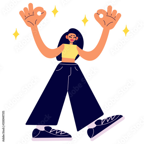 Happy girl make okay sign. Smiling woman show all right hand gesture. Cartoon isolated vector illustration.