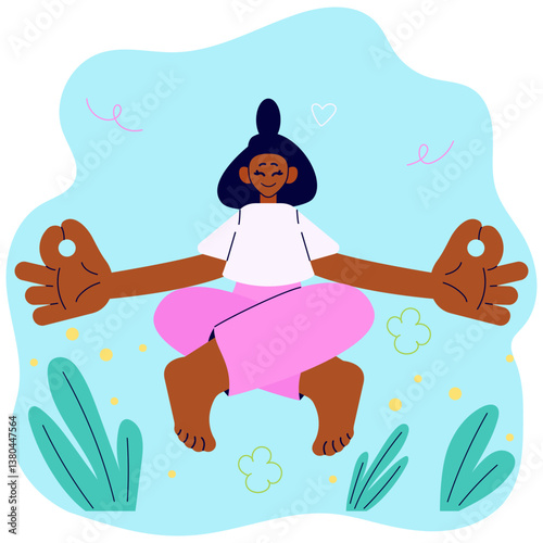 International yoga day. Girl doing yoga, meditating in lotus pose. Minimalistic floral background. Cartoon isolated vector illustration. 