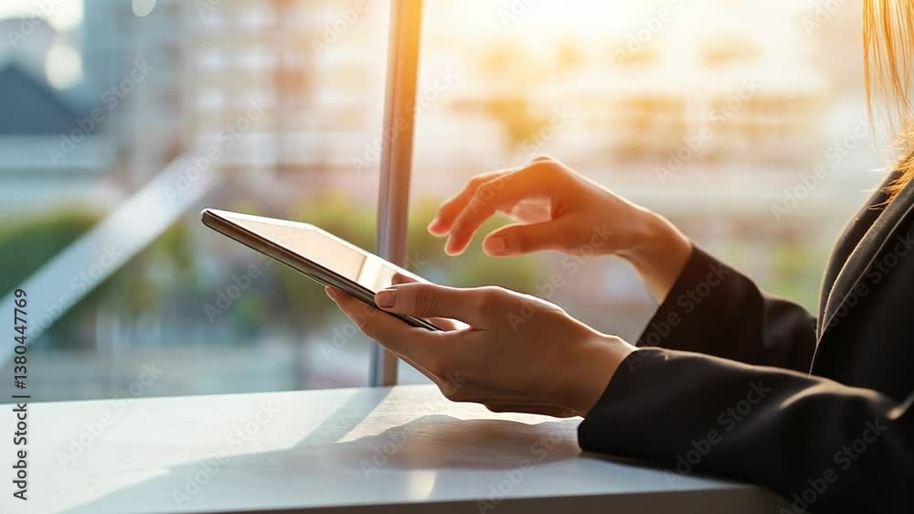 Businesswoman Utilizing Touchscreen Tablet in Modern Office Setting with Sunlight
