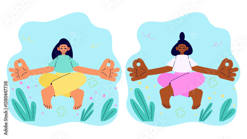 Women doing yoga, meditating in lotus pose. International yoga day. Minimalistic floral background. Cartoon isolated vector illustration. 