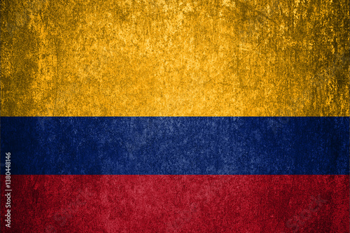 Colombia state flag on a metal surface. Dirty grunge Colombia flag.