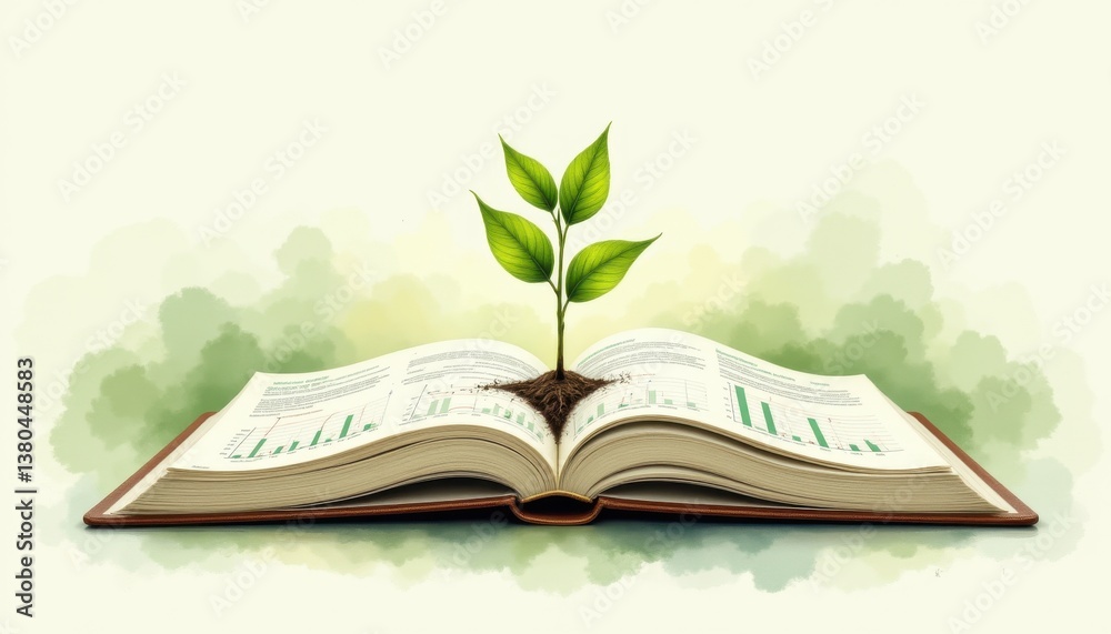 Green Plant Growing from Open Book Symbolizing Knowledge and Growth Green Plant Growing from Open Book Symbolizing Knowledge and Growth