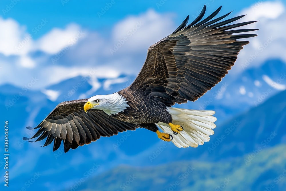 Obraz premium A bald eagle swooping down, its beak open and powerful talons extended