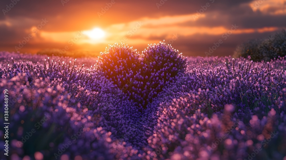 Fototapeta premium Lavender field with heart shaped clearing at sunset