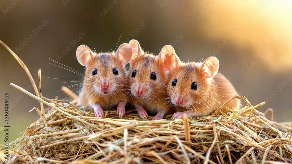 Three adorable mice sit together on a nest of hay, showcasing their curious expressions against a soft, blurred background. Three adorable mice sit together on a nest of hay, showcasing their curious expressions against a soft, blurred background.