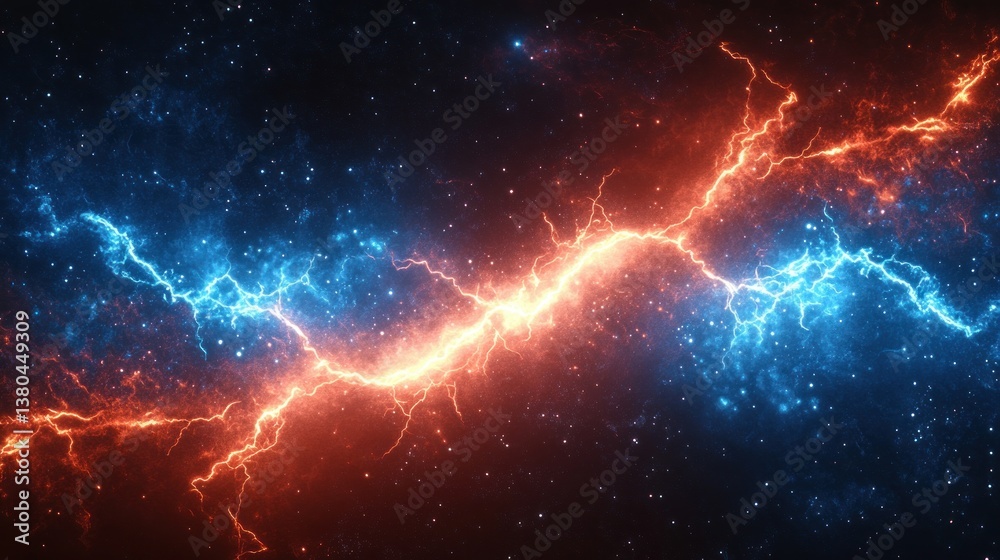 Fototapeta premium Dynamic Clash of Energy Waves in a Cosmic Void with Red and Blue Lightning Bolts