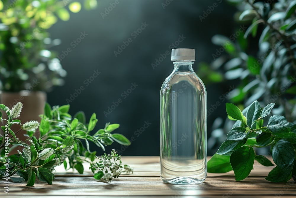 Bottled Essence of Nature: A clear, elegant bottle containing a pure liquid rests amidst a vibrant collection of fresh green plants, creating a refreshing and natural composition. Bottled Essence of Nature: A clear, elegant bottle containing a pure liquid rests amidst a vibrant collection of fresh green plants, creating a refreshing and natural composition.
