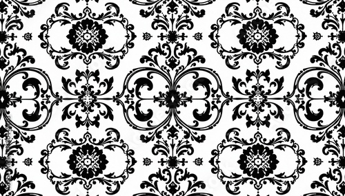 Symmetrical paisley and arabesque damask pattern in black and white, vintage pattern, style, minimal