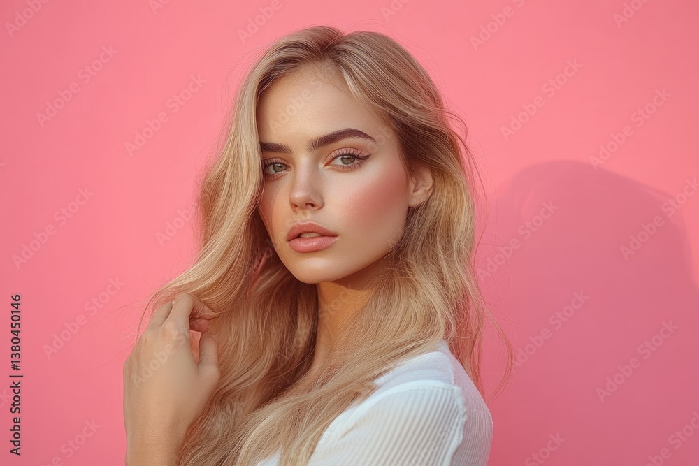 Minimalist Portrait of Elegant Blonde Woman with Long Hair in Pastel Pink Background Minimalist Portrait of Elegant Blonde Woman with Long Hair in Pastel Pink Background