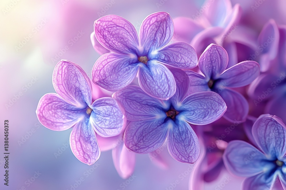 Obraz premium Lilac Blooms in Soft Hues: A macro view of vibrant lilac blossoms, their delicate petals unfolding in a symphony of purple shades, evoking a sense of spring's gentle embrace. 