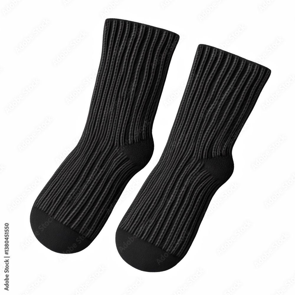 Black wool socks with ribbed knit texture, realistic illustration of cozy winter apparel pair laid flat, isolated on transparent background.