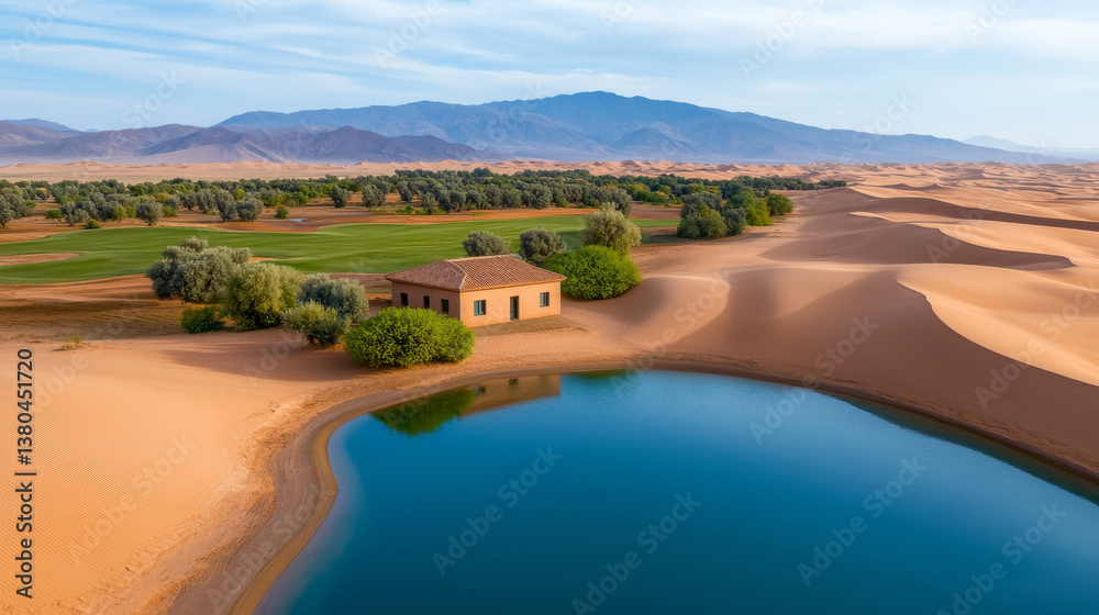 Fototapeta premium serene desert landscape featuring house by tranquil pond, surrounded by lush greenery and rolling sand dunes