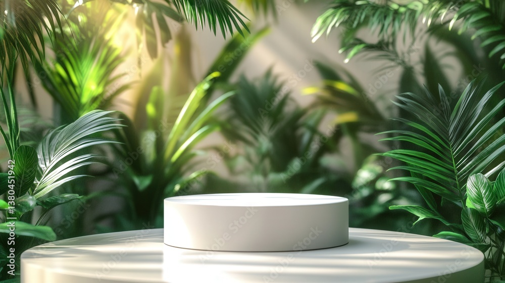A serene setting featuring a white circular podium at the center, surrounded by lush greenery, perfect for presentations, showcases, or artistic displays in nature-inspired environments. A serene setting featuring a white circular podium at the center, surrounded by lush greenery, perfect for presentations, showcases, or artistic displays in nature-inspired environments.