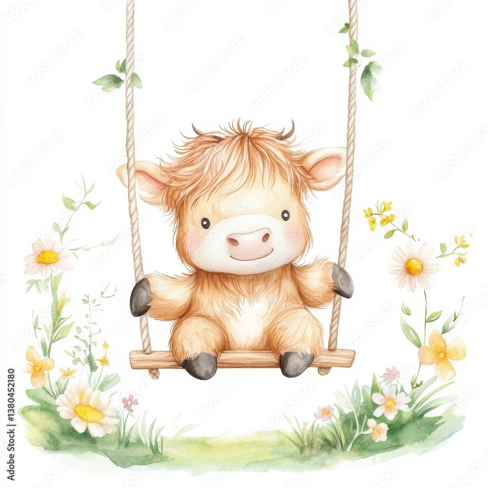 Naklejka premium Cute Calf on Swing in Meadow Art