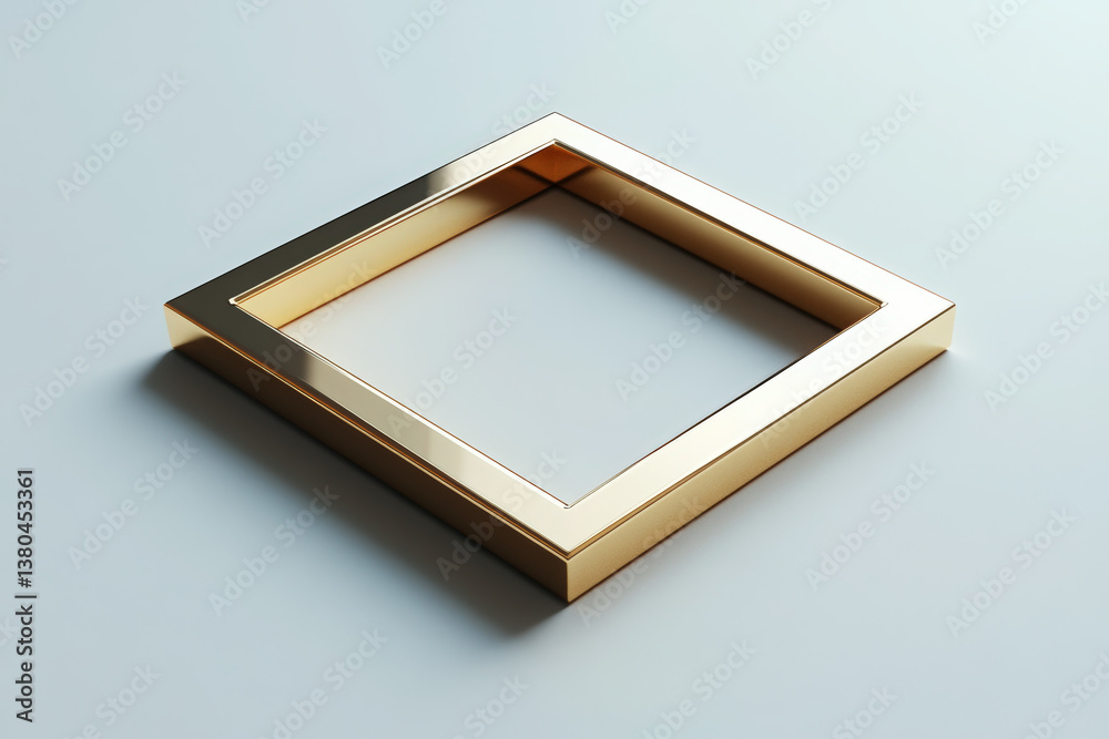 Fototapeta premium Golden Square Frame on Soft Background. A golden square frame rests elegantly against a soft, pale background, casting subtle shadows that enhance its form and appeal.