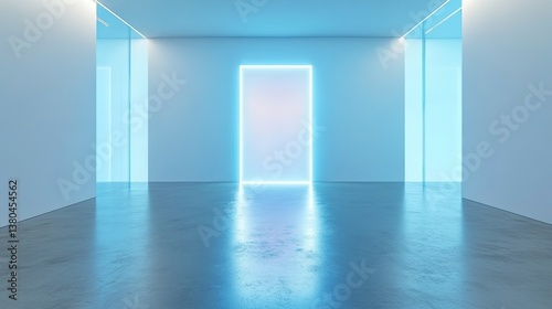 A minimalist gallery of modern art with light blue glass walls. There is a door in the central clearing that glows softly  creating a sense of mystery. Simple and elegant  for artistic displays.