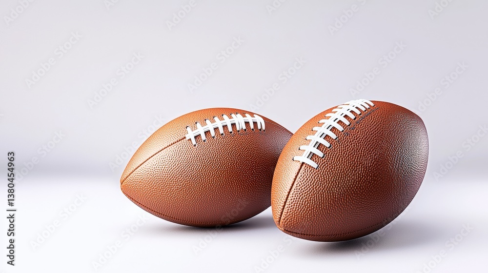 Two textured footballs placed side by side on a light background, showcasing their laces and distinctive shape. Two textured footballs placed side by side on a light background, showcasing their laces and distinctive shape.