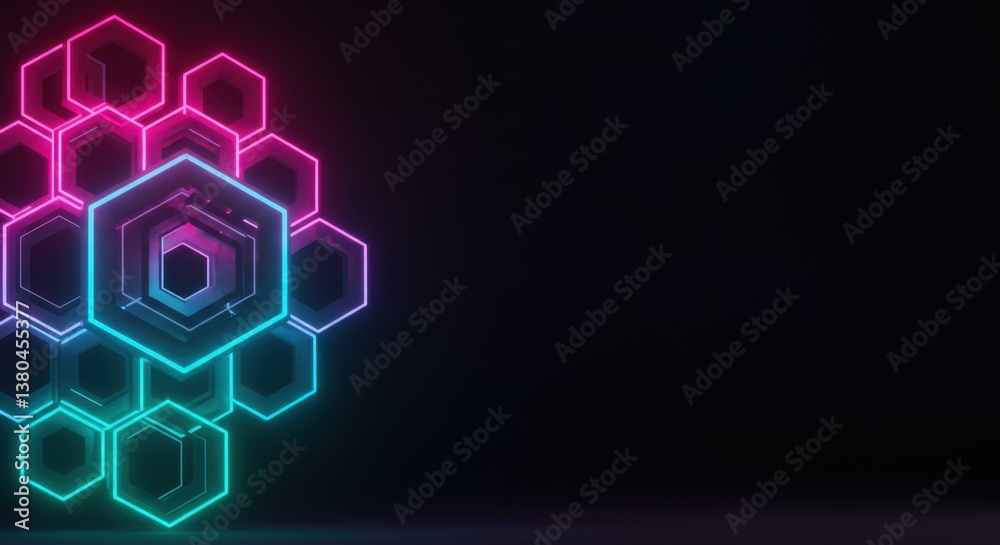 Abstract Neon Hexagon Pattern: Glowing Pink and Teal Geometric Design on Dark Background Abstract Neon Hexagon Pattern: Glowing Pink and Teal Geometric Design on Dark Background