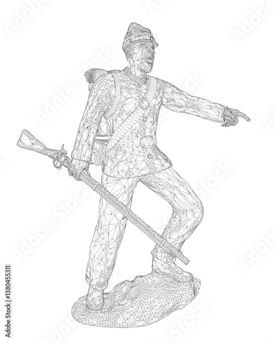 A man in a uniform is holding a gun and pointing to the right. The image is black and white and has a sense of seriousness and formality