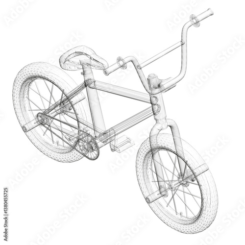 A bicycle is shown in a black and white drawing. The bike is upside down and has a bent frame. The drawing conveys a sense of motion and energy. Isometric view