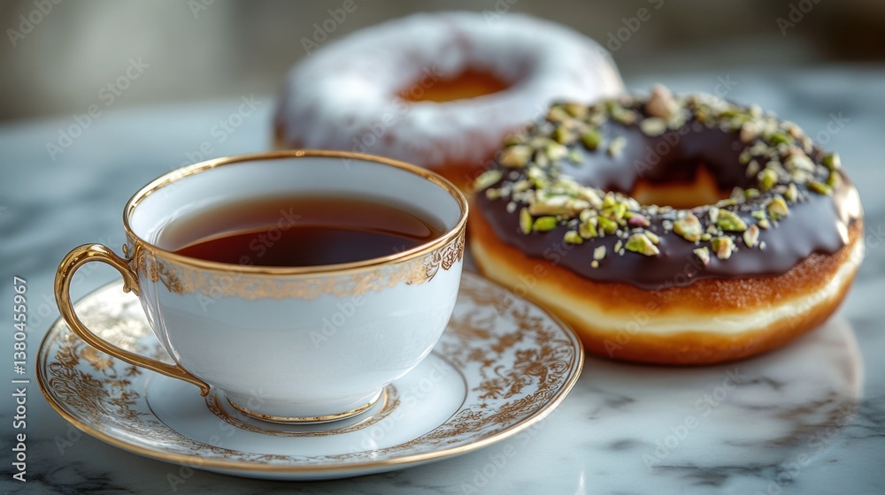 Elegant Tea Setting with Variety of Delicious Glazed Doughnuts on Marble Table Elegant Tea Setting with Variety of Delicious Glazed Doughnuts on Marble Table