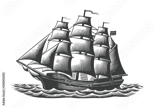  Vintage black and white engraving of a tall sailing ship with multiple masts, detailed rigging, and wind-filled sails on ocean waves