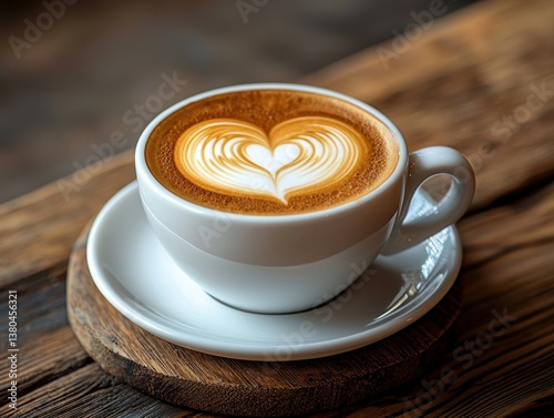 Latte Art Elegance: A close-up shot of a beautifully crafted latte, with delicate latte art, on a wooden surface, capturing the art and warmth of a coffee experience.