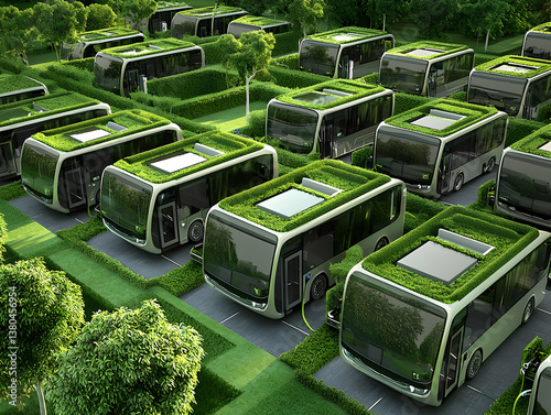 Green electric buses parked in a lush green depot