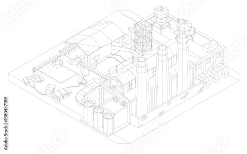 Vector illustration of a factory with many buildings. Isometric view. 3D