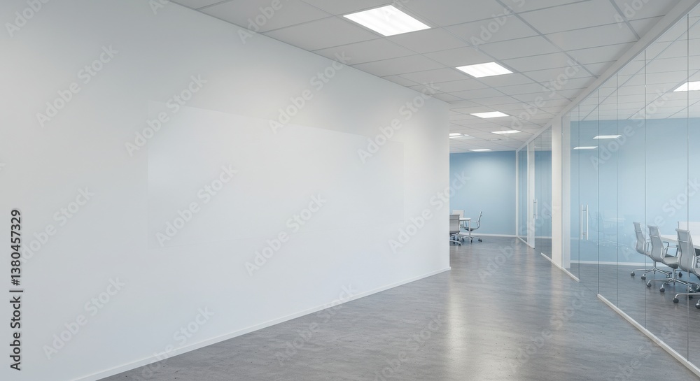 A long hallway with white walls and a gray floor leading to a conference room with glass walls A long hallway with white walls and a gray floor leading to a conference room with glass walls