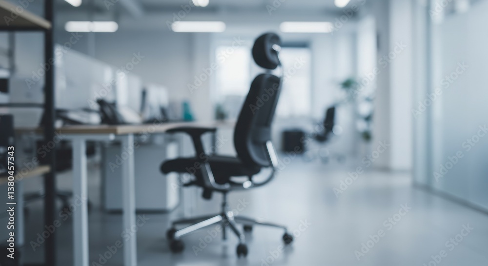 Empty office space with ergonomic chair in focus and blurred background showing desks and windows Empty office space with ergonomic chair in focus and blurred background showing desks and windows