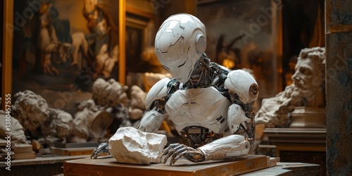 Robot Sculpting: An elegant robot meticulously sculpts, surrounded by art, merging technology and artistry in a thoughtful and evocative scene.