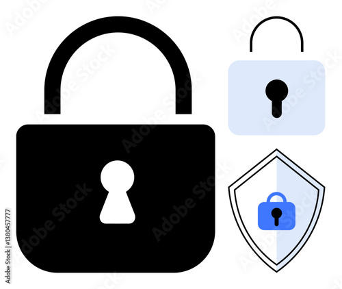 Three locks, including a black padlock, a blue padlock within a shield, and a simple blue lock. Ideal for cybersecurity, data protection, privacy, online safety, secure connections encryption