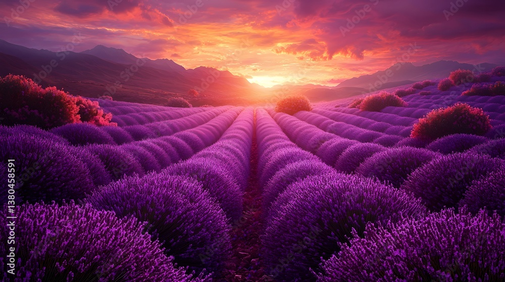 Fototapeta premium Lavender field at sunset in a picturesque countryside landscape