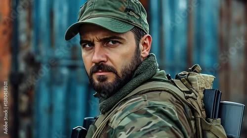 This striking image features a soldier in camo attire, looking over his shoulder with a determined gaze. The backdrop highlights a rugged, industrial setting. Ideal for military themes. AI photo