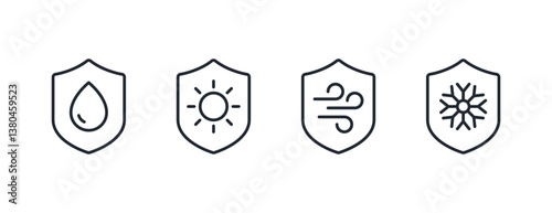 Weather shield editable stroke outline icons set isolated on transparent background flat vector illustration. Pixel perfect.