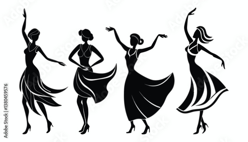Silhouettes of dancing ballerinas and dancers in motion